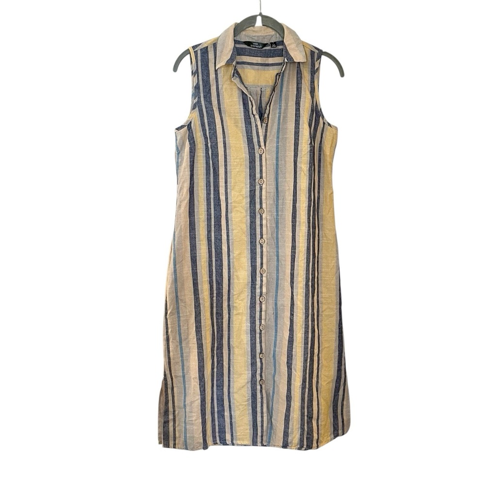 Mlle Gabrielle‎ Shirt Dress Striped Button Front Shift Sleeveless Blue Tan Coast